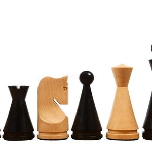 May include: A chess set featuring six pieces: a pawn, rook, knight, pawn, bishop, and king. The pieces are in natural wood and black, with the king as the tallest.
