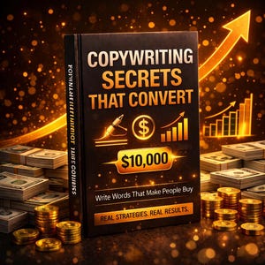 Pode incluir: Um livro intitulado "COPYWRITING SECRETS THAT CONVERT" com um símbolo de dólar dourado e um gráfico de $10.000. O livro é cercado por pilhas de dinheiro e moedas de ouro, com uma seta ascendente no fundo.