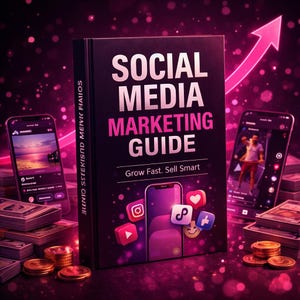 May include: A book titled "Social Media Marketing Guide" with the tagline "Grow Fast. Sell Smart." The cover is black with pink text and a pink arrow. Smartphones and stacks of money surround the book, with social media icons.