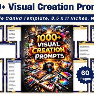 May include: A digital document titled 1000+ Visual Creation Prompts, an editable Canva template measuring 8.5 x 11 inches. The central image features a camera, art supplies, and digital devices. Surrounding pages display lists of creative categories.