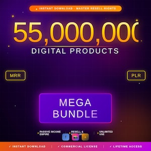 Puede incluir: Gráfico de paquete de productos digitales con fondo degradado morado y dorado. El texto dice "55.000.000 PRODUCTOS DIGITALES" en dorado. Debajo, un rectángulo morado con "MEGA BUNDLE" en blanco. Texto adicional: "MRR", "PLR" y otros detalles.