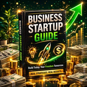 May include: A book titled "BUSINESS STARTUP GUIDE" with a rocket ship and dollar sign graphic. The cover is black with gold and green accents. Stacks of cash and gold coins surround the book, with a green arrow and graph in the background.