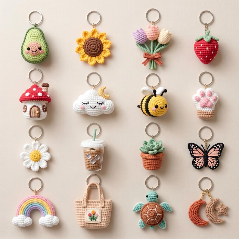 以下が含まれることがあります： アボカド、ヒマワリ、チューリップの花束、イチゴ、キノコハウス、雲、蜂、足跡、デイジー、アイスコーヒー、多肉植物、蝶、虹、トートバッグ、カメ、三日月と星など、様々なデザインの手作りのかぎ針編みのキーホルダーのコレクション。