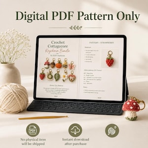 May include: A digital PDF crochet pattern bundle displayed on a tablet screen, featuring instructions for ten keychain designs including a strawberry, mushroom, snail, and leaf. A small crocheted mushroom keychain sits beside the tablet.