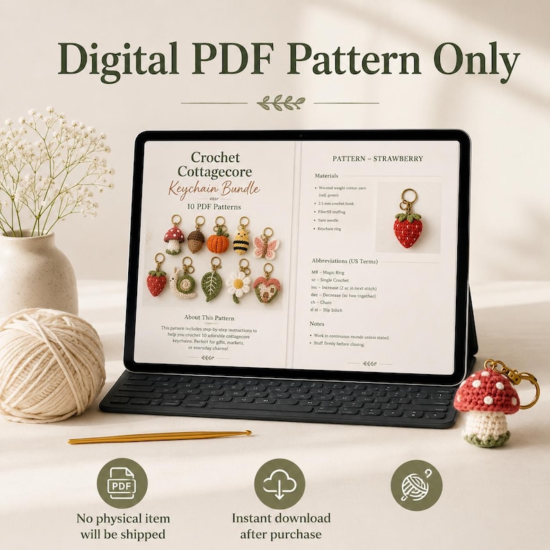 May include: A digital PDF crochet pattern bundle displayed on a tablet screen, featuring instructions for ten keychain designs including a strawberry, mushroom, snail, and leaf. A small crocheted mushroom keychain sits beside the tablet.