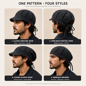Crochet Bandana Visor Cap Pattern, Men’s Unisex Hat PDF, 4 Styles