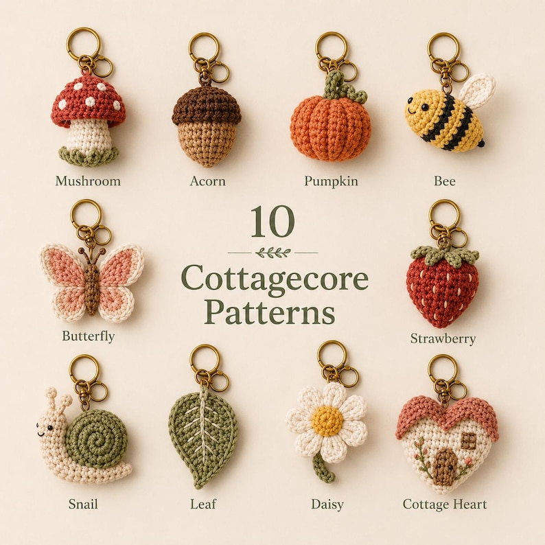 May include: Ten crochet keychains featuring nature-inspired designs including a mushroom, acorn, pumpkin, bee, butterfly, strawberry, snail, leaf, daisy, and cottage heart. The text 10 Cottagecore Patterns is centered among the items.