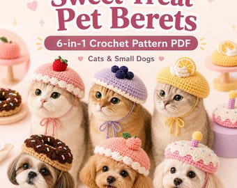 Pacchetto di modelli per berretti all'uncinetto per animali domestici, 6 cappellini da dessert per gatti e cani di piccola taglia, PDF