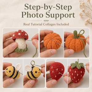 May include: A crochet tutorial guide featuring step-by-step photo collages of handmade items including a red and white mushroom, an orange pumpkin, a yellow and black bee, and a red strawberry, all being worked on with a metal sewing needle.