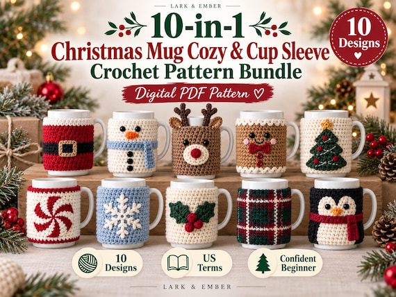 Christmas Mug Cozy Crochet Pattern Bundle, 10 in 1 Cup Sleeve PDF, Santa Snowman Reindeer Penguin Holiday Crochet Pattern