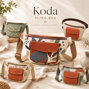 May include: Five Koda sling bags in various colors and patterns, including sage green with floral print, cream with orange pockets, and cream with abstract blue and orange designs. Each bag features a front pocket, zipper, and adjustable strap.