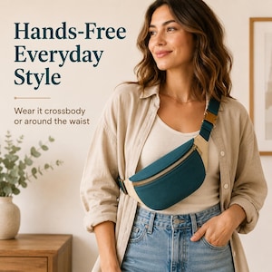 May include: Teal and beige fanny pack with a gold zipper and buckle. The text on the image reads "Hands-Free Everyday Style" and "Wear it crossbody or around the waist."