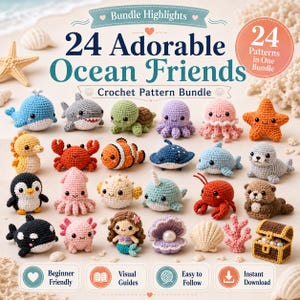 Könnte beinhalten: Eine Sammlung von 24 Häkelmustern für Meerestiere, darunter Wal, Hai, Schildkröte, Oktopus, Seestern und mehr. Das Bild zeigt den Text "24 Adorable Ocean Friends Crochet Pattern Bundle". Die Muster sind anfängerfreundlich.