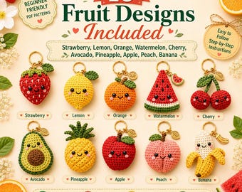 Pacchetto di modelli PDF per portachiavi a forma di frutta all'uncinetto, 10 modelli di portachiavi a forma di frutta all'uncinetto, ciondolo amigurumi a forma di frutta per principianti, tutorial per portachiavi da borsa