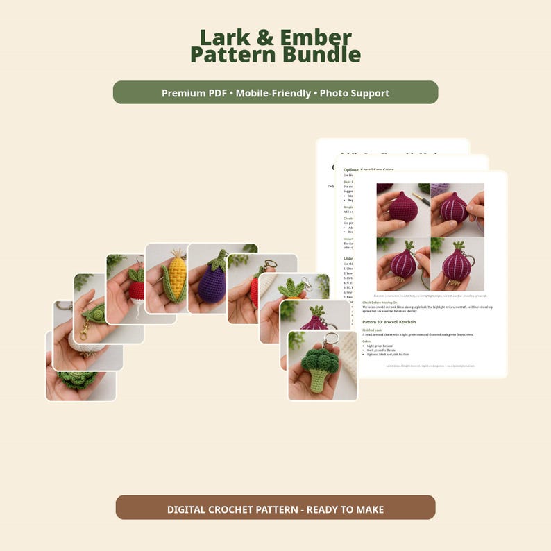 K&ouml;nnte beinhalten: Ein digitales H&auml;kelanleitungs-Set mit dem Titel Lark & Ember Pattern Bundle, das Anleitungen f&uuml;r gem&uuml;sef&ouml;rmige Schl&uuml;sselanh&auml;nger enth&auml;lt. Das Dokument zeigt Fotos von fertigen H&auml;kelobjekten wie Mais, Aubergine, Brokkoli und Erbsen in einer Schote.