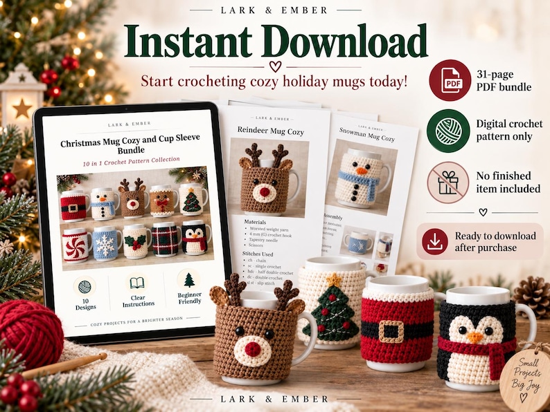 Może przedstawiać: Cyfrowy 31-stronicowy zestaw wzor&oacute;w szydełkowych w formacie PDF zatytułowany Christmas Mug Cozy and Cup Sleeve Bundle od Lark & Ember. Dokument zawiera 10 świątecznych wzor&oacute;w, w tym renifera, bałwana, choinkę, Świętego Mikołaja i pingwina.