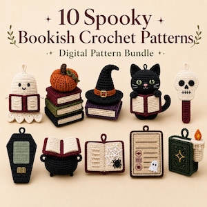 Spooky Bookish Crochet Patterns, 10 Halloween Keychain Patterns, Ghost Cat Pumpkin Book Charms, Digital Crochet Pattern Bundle