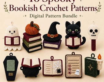 Modelli di uncinetto spettrali a tema libri, 10 modelli di portachiavi di Halloween, ciondoli a forma di libro, zucca, gatto fantasma, pacchetto di modelli digitali per uncinetto
