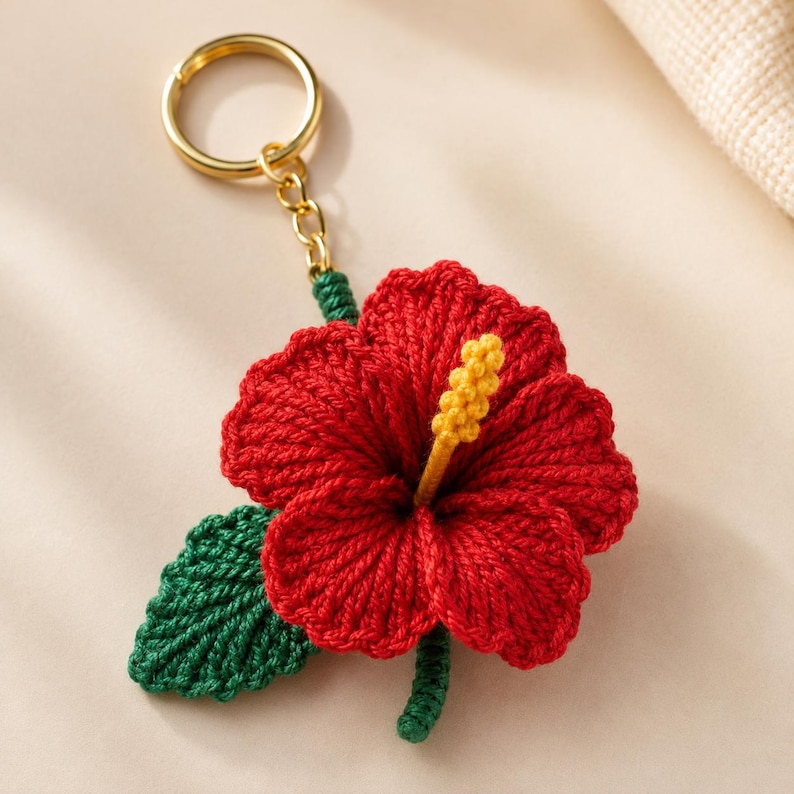 May include: A handmade red hibiscus flower keychain with a gold-colored ring. The flower has a yellow center and a green stem and leaf. The keychain is made of yarn and is a decorative accessory.