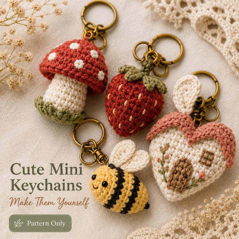 May include: Four crocheted keychains featuring a red and white mushroom, a red strawberry with green leaves, a yellow and black striped bee, and a heart-shaped house with a brown door. The text reads Cute Mini Keychains Make Them Yourself.