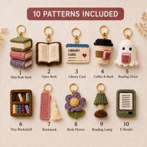 May include: Ten crochet keychains featuring book-themed designs including a mini book stack, open book, library card with text, coffee cup, ghost, bookshelf, bookmark with tassel, flower, lamp, and e-reader, all with gold-toned metal rings.