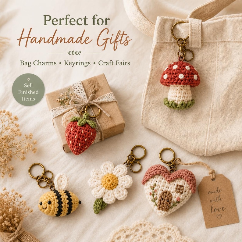 May include: Crochet keychains featuring a red and white mushroom, a red strawberry, a yellow and black bee, a white daisy with a yellow center, and a heart-shaped house with a brown door, all attached to bronze-colored metal rings.