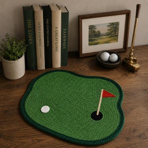Puede incluir: Un mantel individual verde tejido a ganchillo con forma de campo de golf y borde verde oscuro. Presenta una pelota de golf blanca, un hoyo negro y una bandera roja. La escena incluye decoración temática de golf, libros y un cuadro enmarcado.