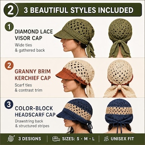 May include: Three crochet visor caps: a solid olive green diamond lace cap with wide ties, a cream and rust granny brim kerchief cap with scarf ties, and a navy and tan color-block headscarf cap with a drawstring back and structured stripes.