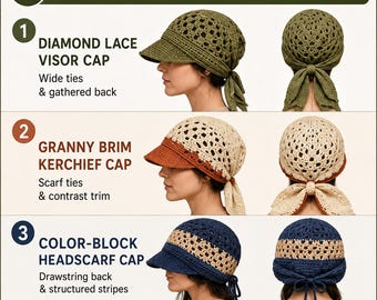 Pacchetto di modelli per bandana all'uncinetto: berretto con visiera a fazzoletto, 3 modelli, taglie S-L per adulti (PDF)