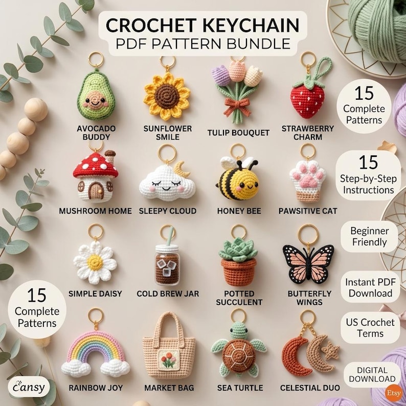 Crochet Keychain Pattern Bundle PDF, 15 Cute Amigurumi Keychain ...