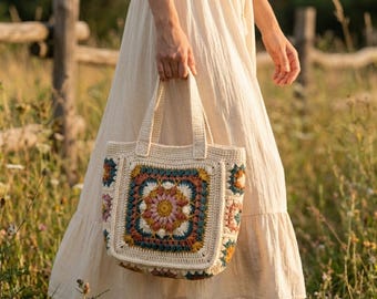Modello per borsa tote boho all'uncinetto, modello per borsa quadrata "Grandma Square" in PDF, adatto ai principianti, borsa patchwork, download immediato.