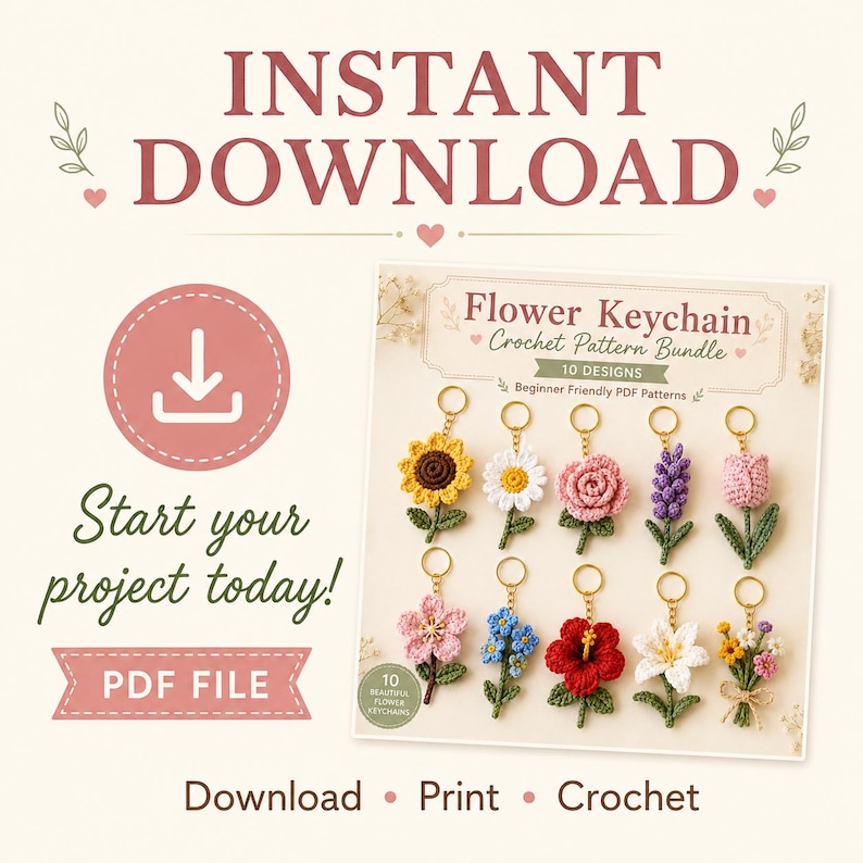 May include: An image promoting a crochet pattern bundle for flower keychains. The image features a variety of colorful, handmade crochet flower keychains. Text includes "Instant Download," "Start your project today!" and "PDF File."
