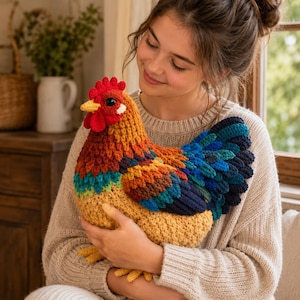 Könnte beinhalten: Ein farbenfrohes, gehäkeltes Hühner-Plüschtier. Das Huhn hat einen roten Kamm, einen gelben Schnabel und eine lebendige Farbpalette, darunter Orange, Blau und Gelb. Die Flügel sind tiefblau. Das Plüschtier wird vor einer Person gehalten.