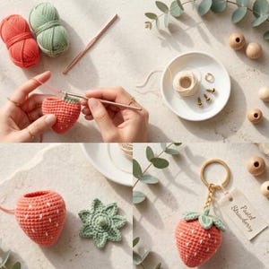 以下が含まれることがあります： かぎ針編みのアイテムと用品のコレクション。糸、かぎ針、部分的に完成したイチゴが含まれています。その他のアイテムには、「Pastel Strawberry」と書かれたタグが付いたイチゴのキーホルダー、緑色のかぎ針編みの花、木製のビーズが含まれています。
