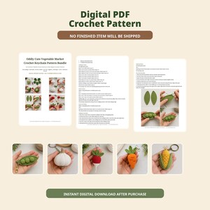 K&ouml;nnte beinhalten: Eine digitale PDF-H&auml;kelanleitung f&uuml;r Gem&uuml;se-Schl&uuml;sselanh&auml;nger. Das Dokument enth&auml;lt Anleitungen und Fotos zum H&auml;keln von Erbsen, Knoblauch, Radieschen, Karotten und Mais. Der Text lautet Digital PDF Crochet Pattern.