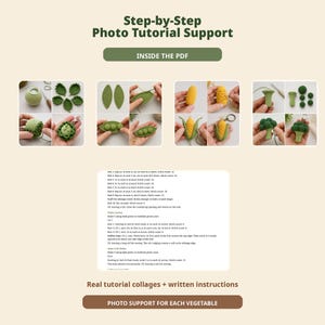 K&ouml;nnte beinhalten: Ein digitales Dokument mit dem Titel Step-by-Step Photo Tutorial Support, das H&auml;kelanleitungen f&uuml;r Gem&uuml;se enth&auml;lt. Es umfasst vier Fotocollagen, die die Herstellung von Kohl, Erbsen, Mais und Brokkoli zeigen, sowie schriftliche Anweisungen.