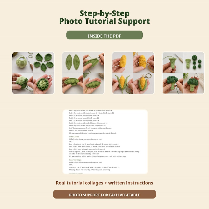 K&ouml;nnte beinhalten: Ein digitales Dokument mit dem Titel Step-by-Step Photo Tutorial Support, das H&auml;kelanleitungen f&uuml;r Gem&uuml;se enth&auml;lt. Es umfasst vier Fotocollagen, die die Herstellung von Kohl, Erbsen, Mais und Brokkoli zeigen, sowie schriftliche Anweisungen.