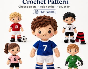 Modello PDF personalizzabile per realizzare all'uncinetto un calciatore, bambola amigurumi di un calciatore, peluche sportivo adatto ai principianti, pallone e portiere.