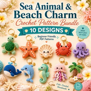 Puede incluir: Un conjunto de diez llaveros de ganchillo con diseños de animales marinos y temáticas de playa. Los llaveros incluyen una tortuga, una estrella de mar, una concha, un cangrejo, un pulpo, una ballena, un delfín, un caballito de mar, una medusa y una palmera. El texto de la imagen dice "Sea Animal & Beach Charm Crochet Pattern Bundle".
