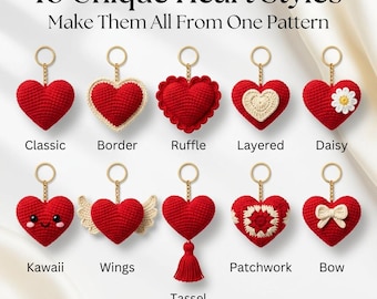 Schema PDF per portachiavi a forma di cuore all'uncinetto, pacchetto di 10 stili di ciondoli a forma di cuore amigurumi per borse, schema per portachiavi di San Valentino all'uncinetto, download immediato per principianti
