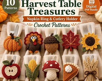 Może przedstawiać: Cyfrowy pakiet PDF zatytułowany 10-in-1 Harvest Table Treasures zawierający 10 wzorów szydełkowych na pierścienie do serwetek i uchwyty na sztućce. Obraz przedstawia 10 szydełkowanych przedmiotów: dynię, indyka, żołądź, liść, słonecznik, jabłko, kukurydzę, grzyba, kawałek ciasta i snop pszenicy.