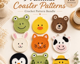 Pacchetto di modelli PDF per sottobicchieri all'uncinetto a forma di animali, 9 sottobicchieri carini in 1, rana, anatra, orso, coniglio, gatto, mucca, pinguino, tartaruga, ape, per principianti