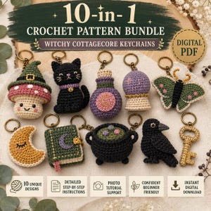 May include: A 10-in-1 crochet pattern bundle digital PDF featuring witchy cottagecore keychains. The designs include a mushroom, black cat, potion bottle, crystal ball, butterfly, crescent moon, spellbook, cauldron, raven, and a key.