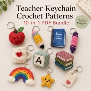 Pacote de padrões de crochê para chaveiro de professor, 10 padrões em PDF para homenagear professores, chaveiro de crochê, pingente amigurumi para presente escolar