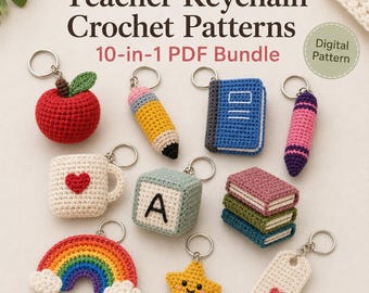 Pacchetto di schemi per portachiavi all'uncinetto per insegnanti, 10 in 1 schemi PDF per ringraziare gli insegnanti, schema per portachiavi all'uncinetto, ciondolo amigurumi regalo per la scuola