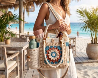 Modello PDF per borsa da spiaggia portabottiglie all'uncinetto, modello per borsa portabottiglie, borsa portabottiglie all'uncinetto, borsa a tracolla estiva, fai da te per principianti