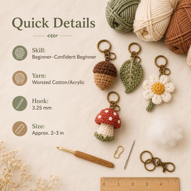 May include: A crochet kit featuring four finished keychains: an acorn, a leaf, a daisy, and a mushroom. Includes three yarn balls, a 3.25 mm wooden crochet hook, a stitch marker, a needle, stuffing, and metal key rings. Text reads Quick Details.