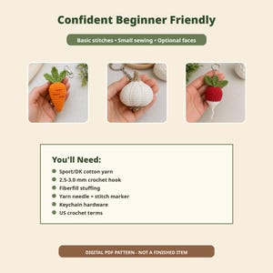 K&ouml;nnte beinhalten: Eine digitale PDF-Anleitung f&uuml;r geh&auml;kelte Gem&uuml;se-Schl&uuml;sselanh&auml;nger, darunter eine Karotte, Knoblauch und ein Radieschen. Der Text lautet Confident Beginner Friendly, Basic stitches, Small sewing, Optional faces, You'll Need und DIGITAL PDF PATTERN - NOT A FINISHED ITEM.