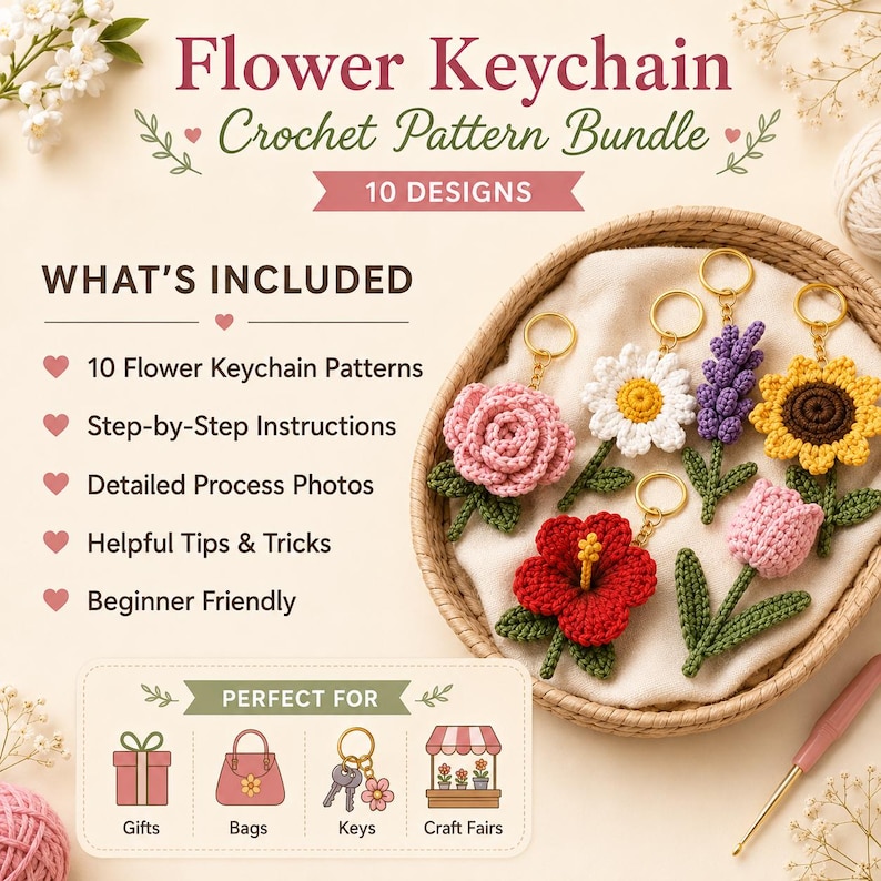 May include: A collection of handmade crochet flower keychains in various colors, including pink, white, red, purple, and yellow. The image also displays text that reads "Flower Keychain Crochet Pattern Bundle" and "10 Designs". The keychains are displayed in a woven basket.