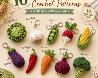 Pacchetto di schemi per portachiavi all'uncinetto a tema verdure, 10 ciondoli a tema cibo del mercato contadino in formato PDF, schemi kawaii per ciondoli a forma di sacchetto di verdure all'uncinetto